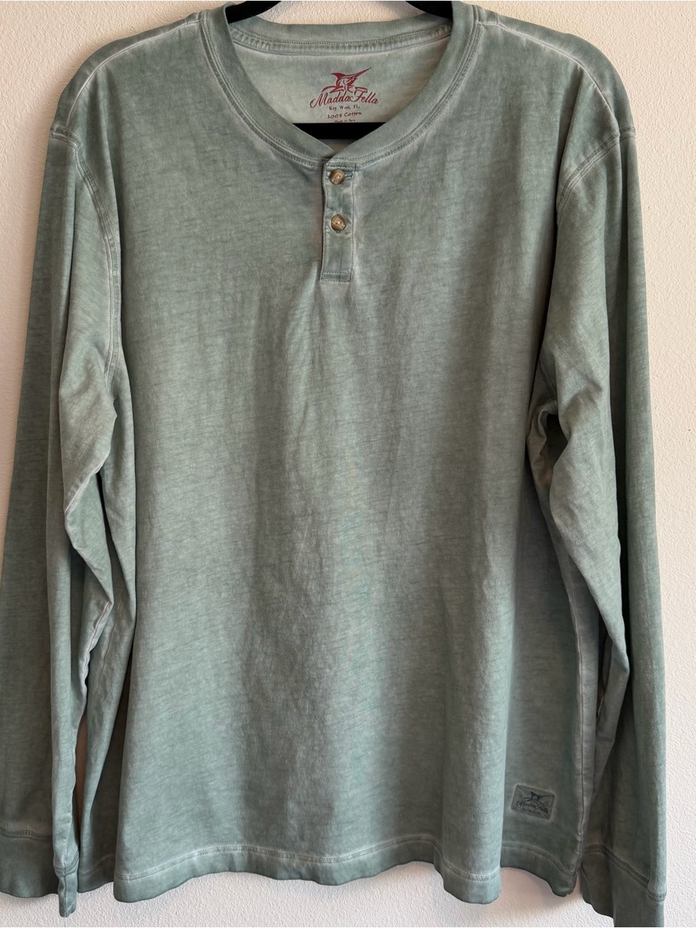 Madda Fella Men’s Long Sleeve Oil Wash Henley In Sea Green Size XL